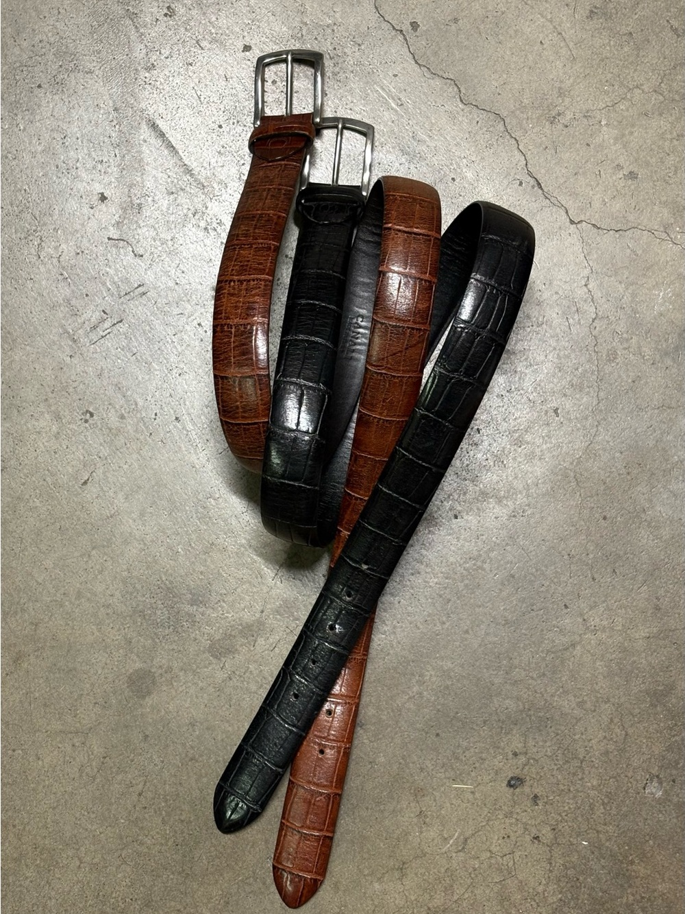 Canali Pair Black Brown Alligator Style Italian Leather Belts Size 34-36 Bundle - Picture 10 of 14